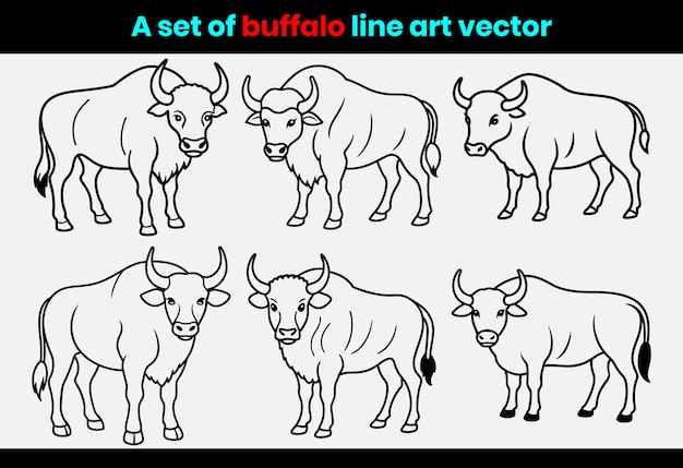 Un conjunto de ilustraciones vectoriales de arte de línea de búfalo