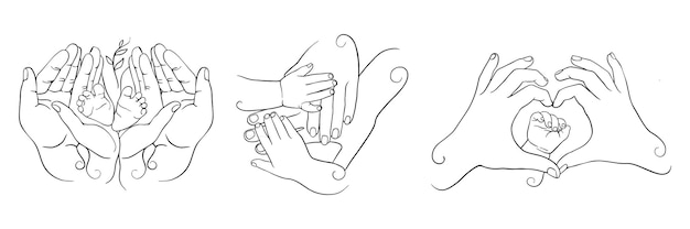 Conjunto de ilustraciones vectoriales de arte de línea que representan a los padres sosteniendo y protegiendo los pies de los bebés