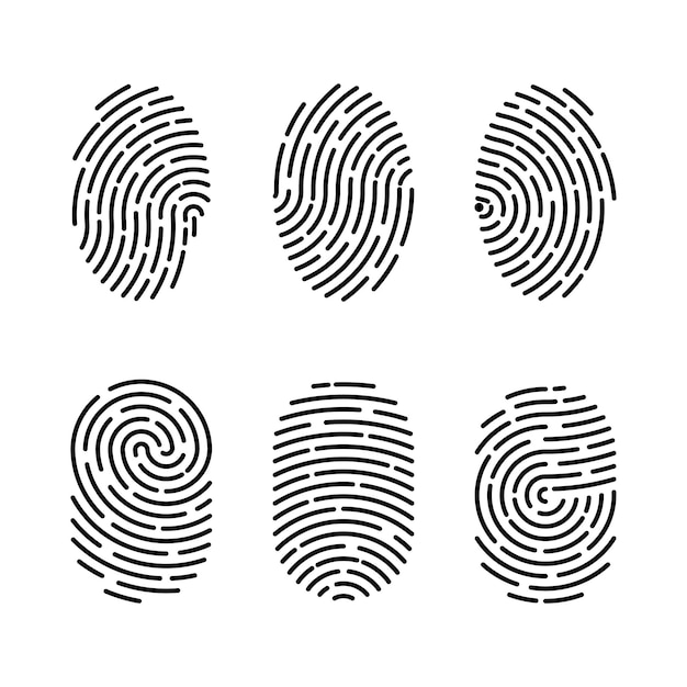 Conjunto de ilustraciones vectoriales de autenticación de huellas dactilares de seguridad. Identidad de dedo, ilustración biométrica de tecnología. Colección de plantillas de huellas dactilares.
