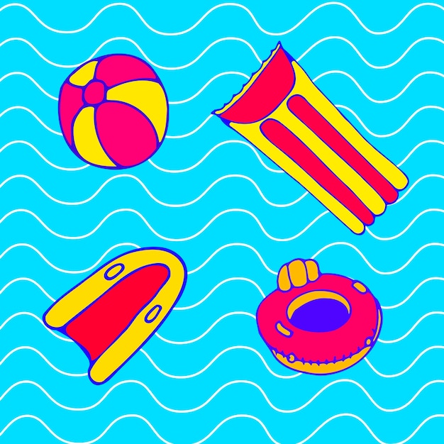 Conjunto de ilustraciones vectoriales de ayudas para nadar bola de colchón y círculo para nadar