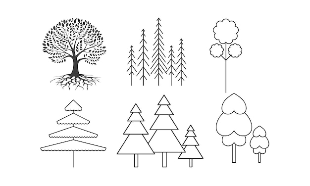 Vector conjunto de ilustraciones vectoriales en blanco y negro de árboles y bosques de coníferas