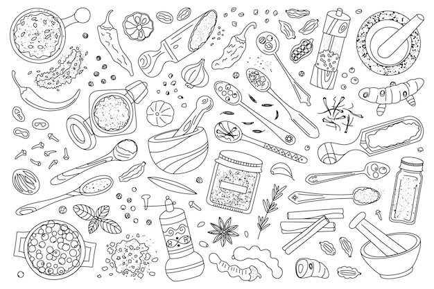 Conjunto de ilustraciones vectoriales en blanco y negro de especias y hierbas para cocinar chile cardamomo cúrcuma