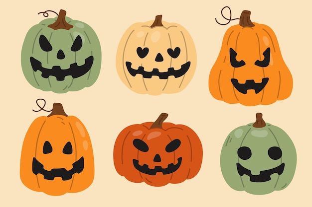Conjunto de ilustraciones vectoriales de bonitas calabazas Jack o Lantern para tarjetas de saludos de sellos digitales