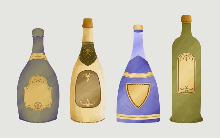 Vector conjunto de ilustraciones vectoriales de botellas de vino de cosecha o de champán