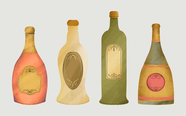 conjunto de ilustraciones vectoriales de botellas de vino de cosecha o de champán