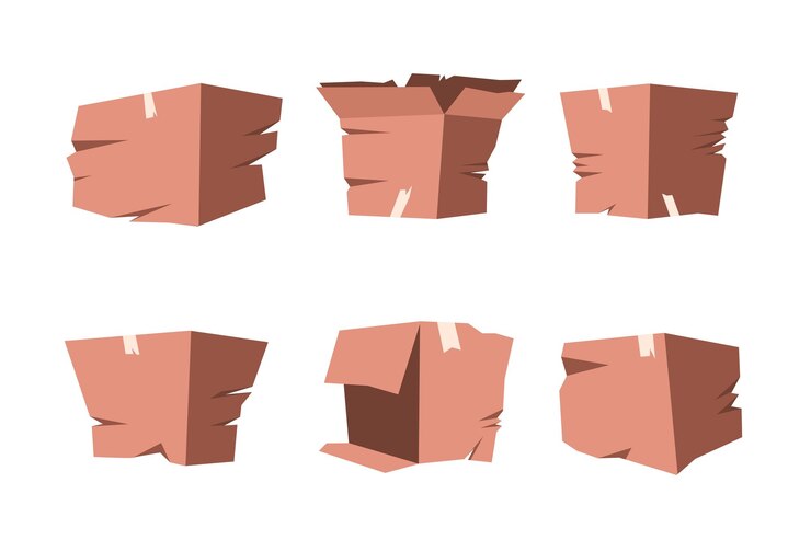 Vector conjunto de ilustraciones vectoriales de cajas de papel rotas hechas en estilo de dibujos animados aisladas en un fondo blanco cajas inutilizables entrega fallida en contenedores cosas dañadas embalaje de papel