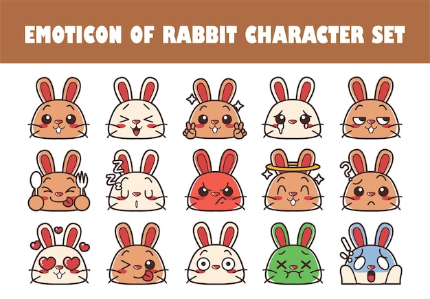 Conjunto de ilustraciones vectoriales de caracteres de emoticones de conejo