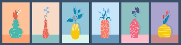 Un conjunto de ilustraciones vectoriales de carteles de flores con varias flores y jarrones