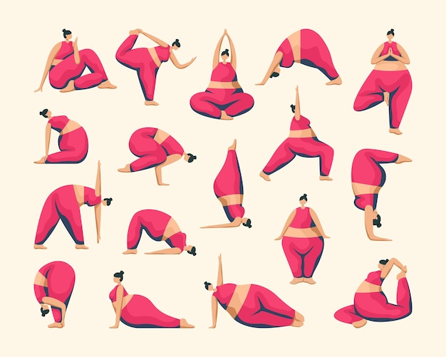 Vector conjunto de ilustraciones vectoriales de una chica en chándal en una asana de yoga diferente
