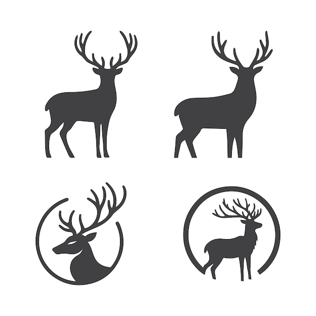 Un conjunto de ilustraciones vectoriales de ciervos blancos y negros con cuernos y un icono de logotipo de círculo