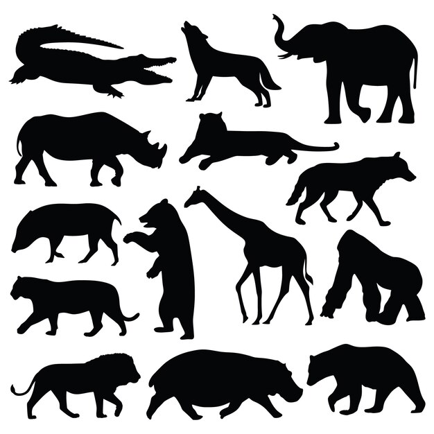 Vector conjunto de ilustraciones vectoriales de la colección de animales salvajes en estilo silueta
