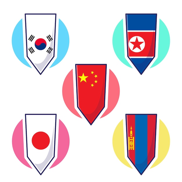 Conjunto de ilustraciones vectoriales de la colección de iconas de mascotas de las banderas de los países de Asia Oriental