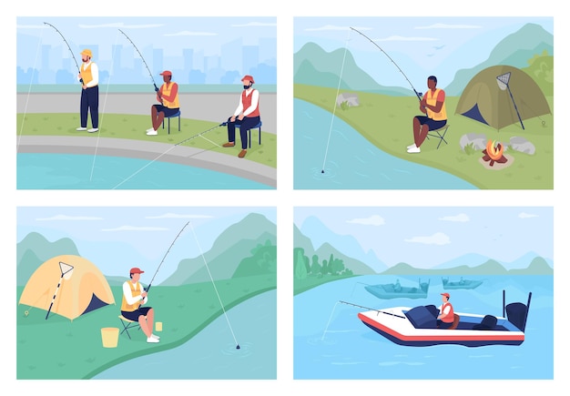 Conjunto de ilustraciones vectoriales de color plano de pesca deportiva. Captura de peces con cañas giratorias. Experiencia de acampada. Colección de personajes de dibujos animados 2D de pescadores con paisajes naturales relajantes en el fondo
