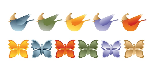 Vector conjunto de ilustraciones vectoriales de coloridas aves y mariposas