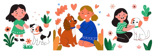 Conjunto de ilustraciones vectoriales coloridas con niños y perros en estilo plano