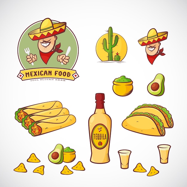 Vector conjunto de ilustraciones vectoriales de comida mexicana con plantilla de logotipo para menú de restaurante café entrega de comida hombre sonriente en sombrero tradicional tacos burritos tequila, etc. colores brillantes aislados