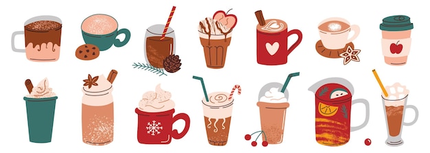 Conjunto de ilustraciones vectoriales de cómodas bebidas de invierno en tazas y tazas de café con caña de caramelo de crema batida