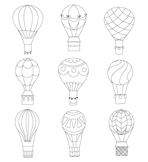 Conjunto de ilustraciones vectoriales de contorno globo de aire caliente en el cielo