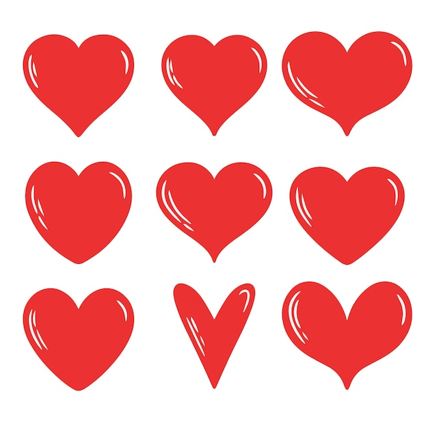 Conjunto de ilustraciones vectoriales de corazones rojos dibujados a mano