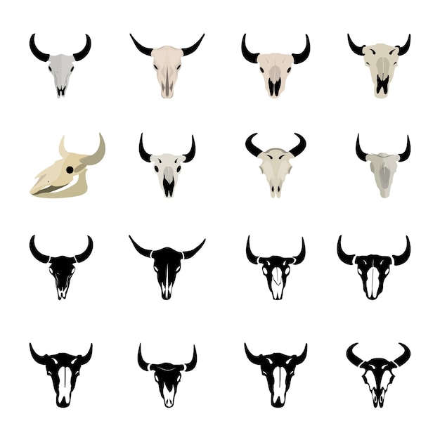 Conjunto de ilustraciones vectoriales de cráneo de bisonte con clip art aislado, fondo blanco y símbolo de cranio de bisonte