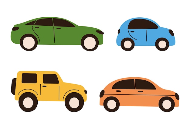Conjunto de ilustraciones vectoriales de cuatro coches de dibujos animados en un sedán colorido minimalista de estilo dibujos ilustrados