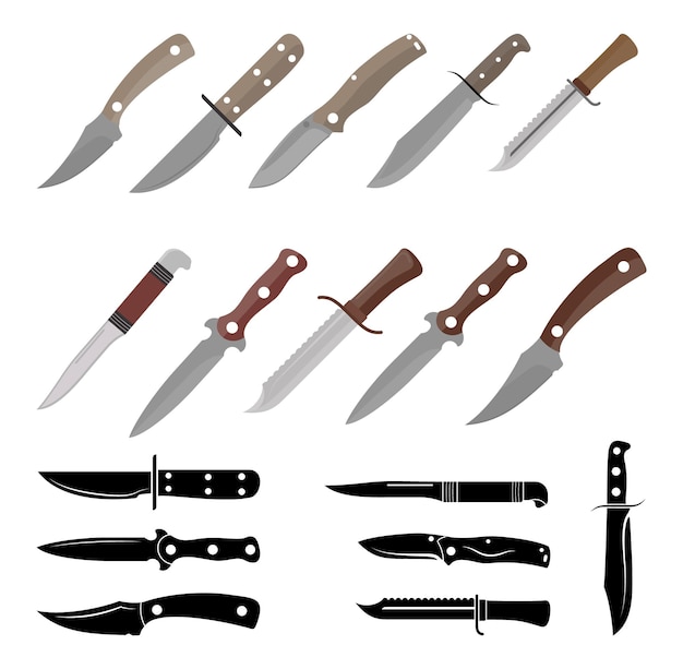 Conjunto de ilustraciones vectoriales de cuchillo de vaquero con arte de clip con fondo blanco y símbolo aislado de la cuchilla de cowboy