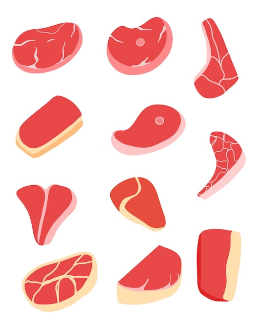 Conjunto de ilustraciones vectoriales dibujadas a mano de carne fresca Iconos de carne sabrosos en diseño plano Varios tipos