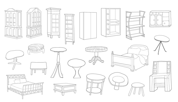 Un conjunto de ilustraciones vectoriales dibujadas a mano de muebles.