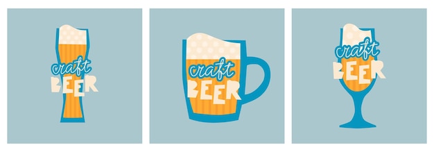 Conjunto de ilustraciones vectoriales de dibujo a mano de varios vasos de cerveza y tazas cerveza artesanal de letras diseño para una pequeña cervecería o festival de cerveza