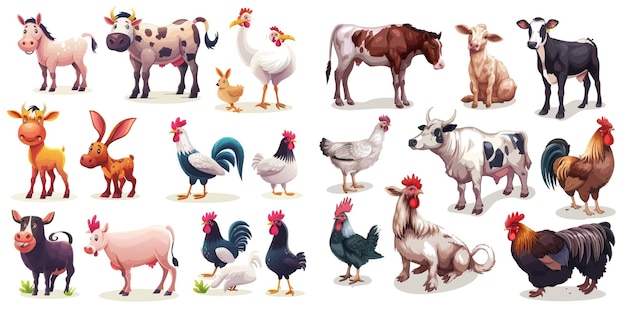 Vector el conjunto de ilustraciones vectoriales de dibujos animados de animales domésticos de la aldea