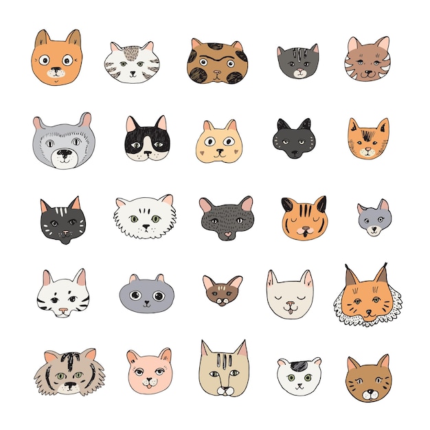 Conjunto de ilustraciones vectoriales de dibujos animados de caras de gatos