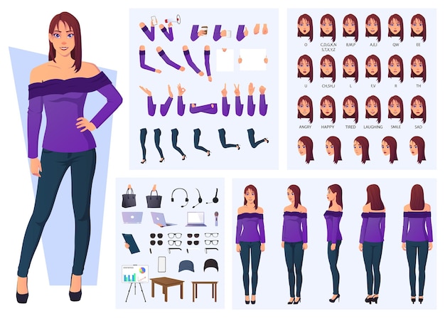 Conjunto de ilustraciones vectoriales de dibujos animados para la creación de personajes de mujer de moda con vista frontal, lateral y posterior