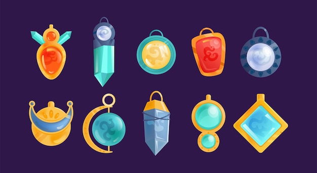 Conjunto de ilustraciones vectoriales de diferentes amuletos de cristal mágico. elementos ui o gui con amuletos de orbe para brujas o magos aislados en fondo blanco. magia, brujería, concepto de fantasía para el diseño de juegos.