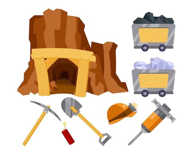 Conjunto de ilustraciones vectoriales de diferentes elementos mineros. Clipart con entrada de mina, cueva o túnel, detonador o dinamita, pico, carros de minas con piedras y rocas sobre fondo blanco. concepto de minería