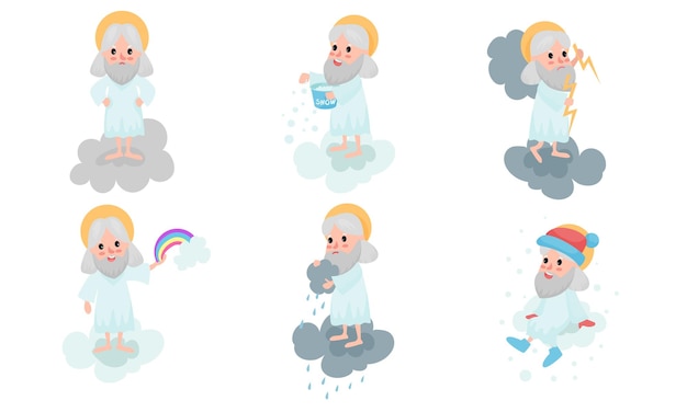 Vector conjunto de ilustraciones vectoriales con dioses de dibujos animados haciendo rutinas diarias en nubes blancas