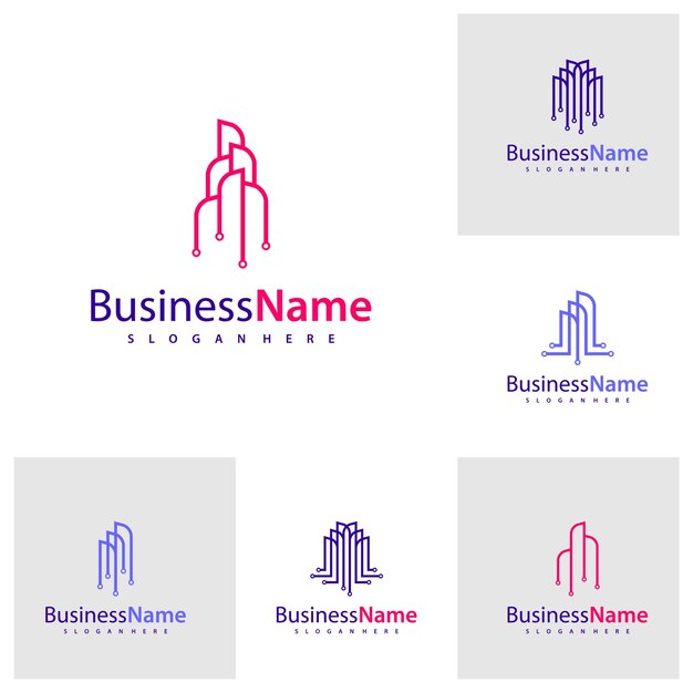 Conjunto de ilustraciones vectoriales del diseño del logotipo de Modern Tech City Creative Tech Modern Building