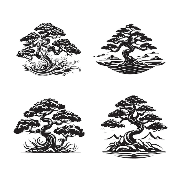 Conjunto de ilustraciones vectoriales de diseño de logotipos de bonsai