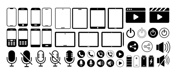 Vector conjunto de ilustraciones vectoriales de dispositivos de comunicación aislados phne tableta y botones de interfaz de medios elementos gráficos símbolo en fondo blanco editable