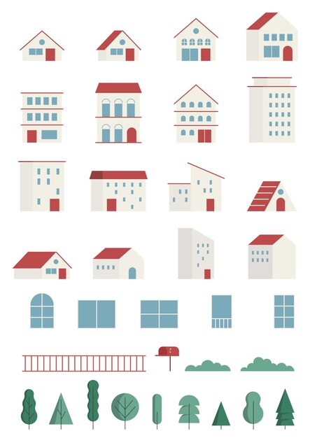 Conjunto de ilustraciones vectoriales de edificios de techo rojo