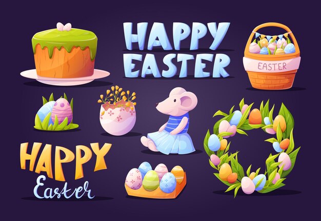 Conjunto de ilustraciones vectoriales de elementos aislados de dibujos animados de Pascua pastel festivo decorado con huevos ratón de juguete