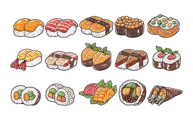 Conjunto de ilustraciones vectoriales de elementos de comida japonesa de sushi