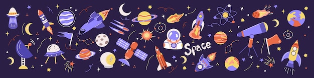 Conjunto de ilustraciones vectoriales de elementos cósmicos que exploran las profundidades del espacio