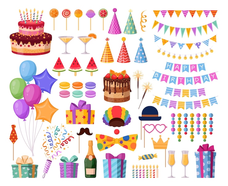 Vector conjunto de ilustraciones vectoriales de elementos hb festivos de decoraciones de fiesta de cumpleaños de dibujos animados