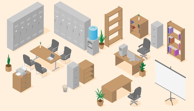 Conjunto de ilustraciones vectoriales de elementos de muebles de oficina Diseño isométrico