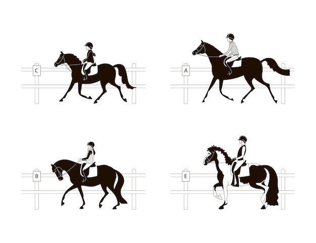 Conjunto de ilustraciones vectoriales entrenando en una escuela de equitación