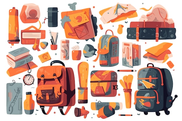 Conjunto de ilustraciones vectoriales de equipaje de viaje y maleta Elementos planos aislados de dibujos animados vectoriales