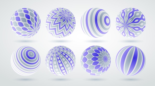 Vector conjunto de ilustraciones vectoriales de esferas decoradas realistas, bolas hermosas abstractas con patrones, colección de concepto de diseño de globos 3d.