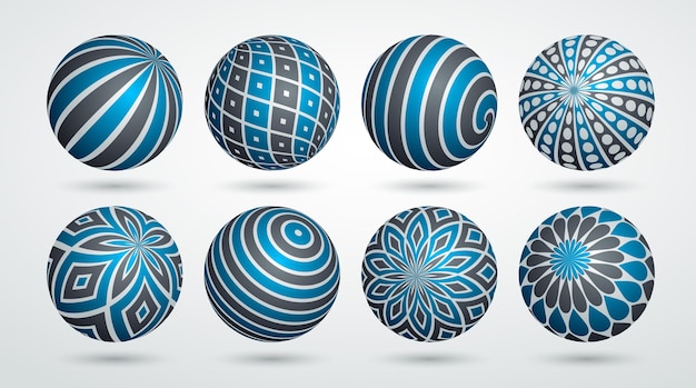 Conjunto de ilustraciones vectoriales de esferas decoradas realistas, bolas hermosas abstractas con patrones, colección de concepto de diseño de globos 3D.