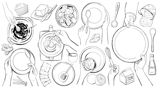 Conjunto de ilustraciones vectoriales de esquema de gestos de cocina