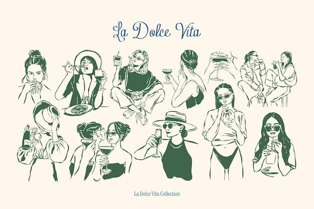 Conjunto de ilustraciones vectoriales de estilo boceto mínimo de mujer y bebidas